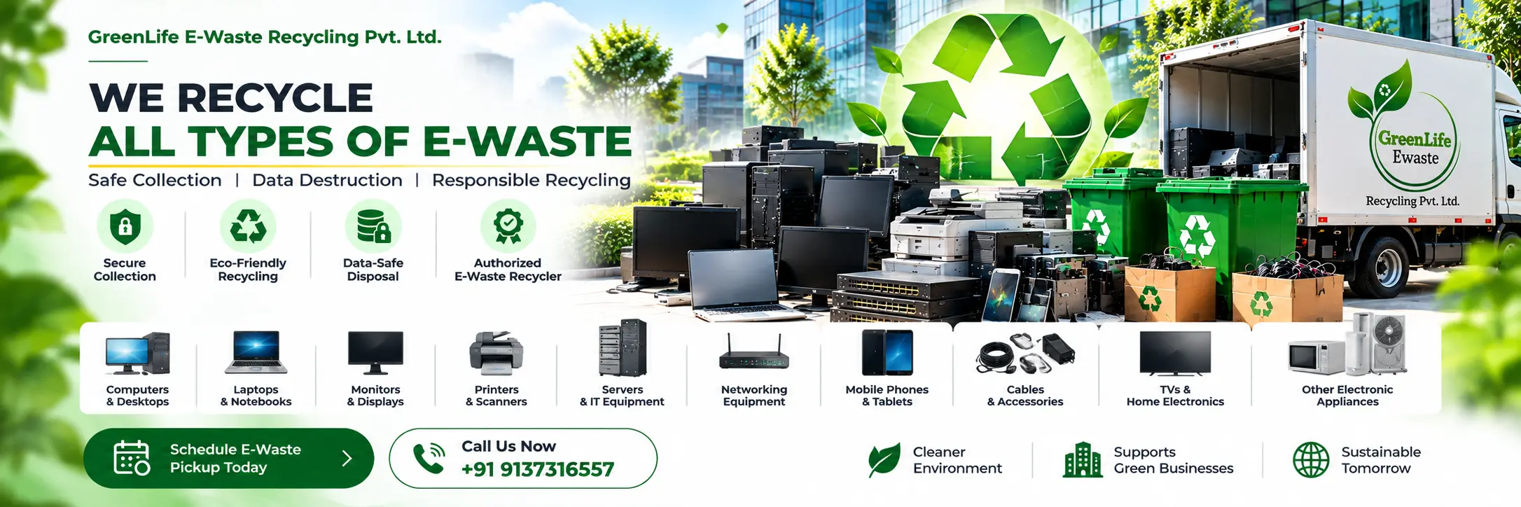 All types of e-waste recycling including computers, laptops, monitors, printers, servers, networking equipment, mobile devices and electronics