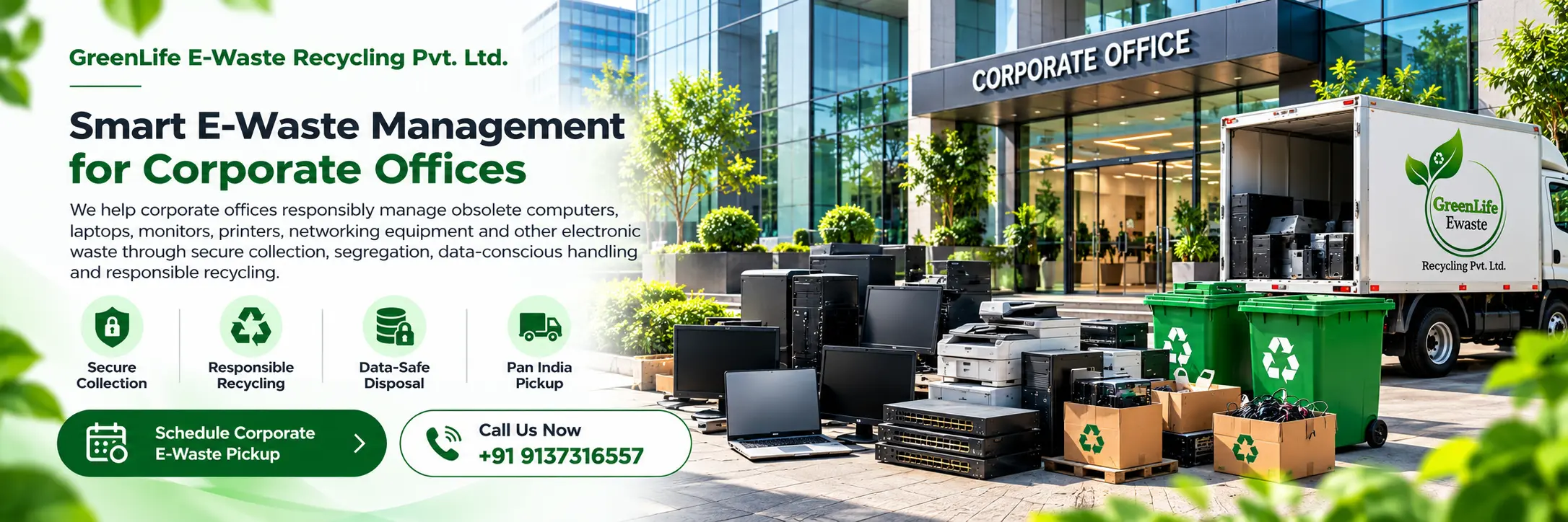Corporate office e-waste recycling for computers, monitors, printers, networking equipment and office electronics